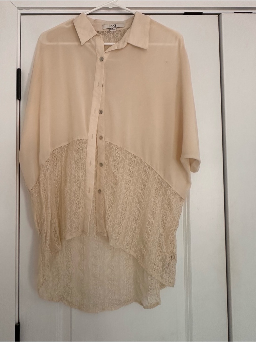 Forever 21 Cream Lace-Panel Button Down Shirt
